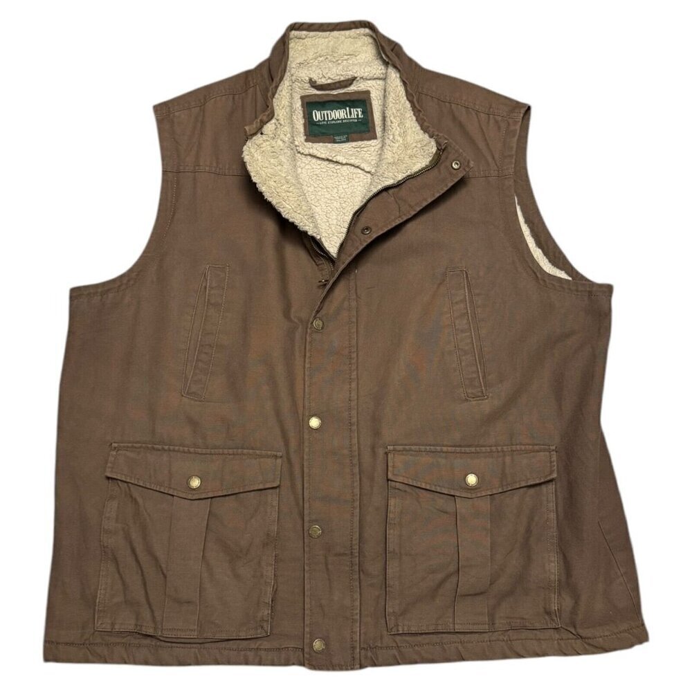 OUTDOOR LIFE Sherpa Fleece Lined Canvas Brown Work Vest Mens 2XL